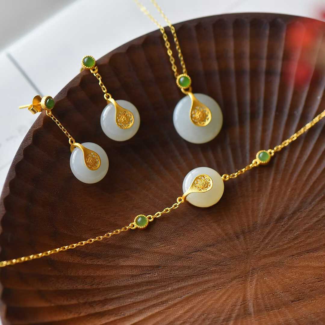 Traditional Silver - Inlaid Hetian Jade "Ping'an Kou" Three - Piece Set - jewelry - weilin.com