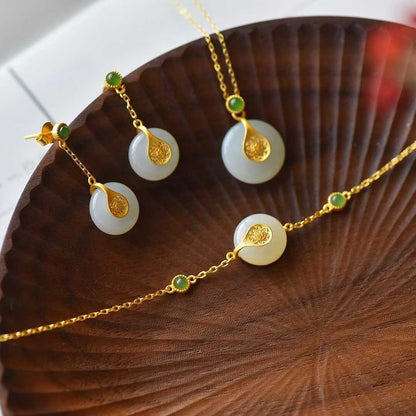 Traditional Silver - Inlaid Hetian Jade "Ping'an Kou" Three - Piece Set - jewelry - weilin.com