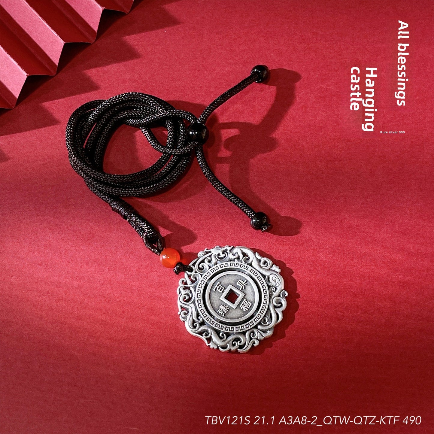 Chinese style sterling silver pendant necklace