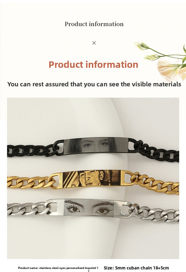 Engraved text and image custom bracelet with eyes