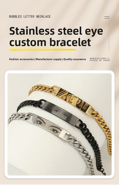 Engraved text and image custom bracelet with eyes