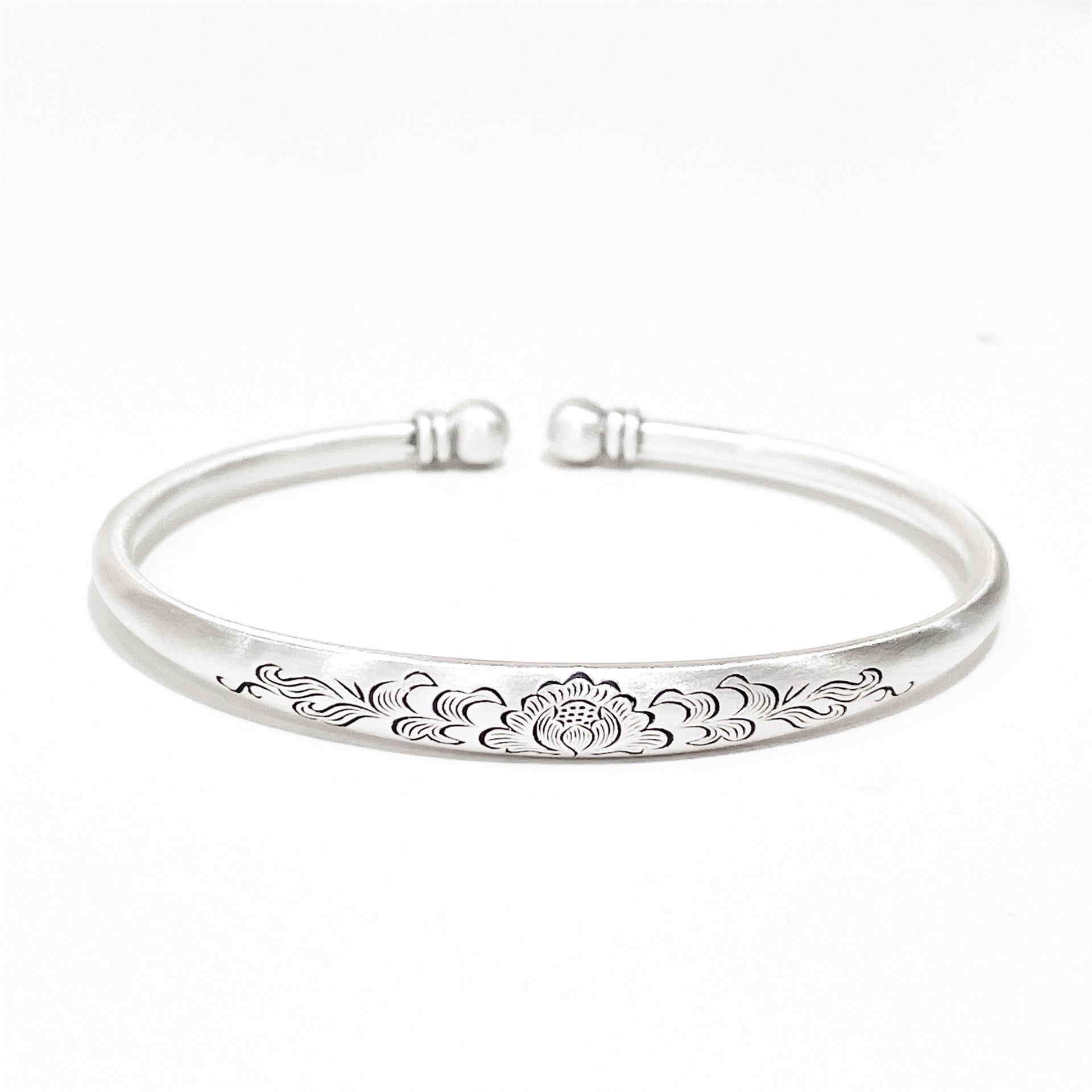 Vintage Engraved Lotus Beads Sterling Silver Bracelet - jewelry - weilin.com
