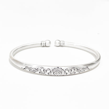 Vintage Engraved Lotus Beads Sterling Silver Bracelet - jewelry - weilin.com