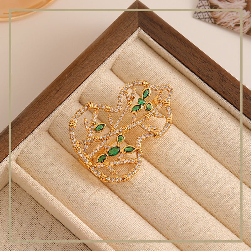 Vintage exquisite leaf zircon gourd brooch female pin - jewelry - weilin.com