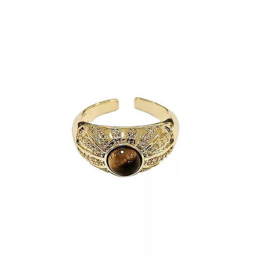 Vintage Gold Brushed Tiger Eye Open Ring - jewelry - weilin.com