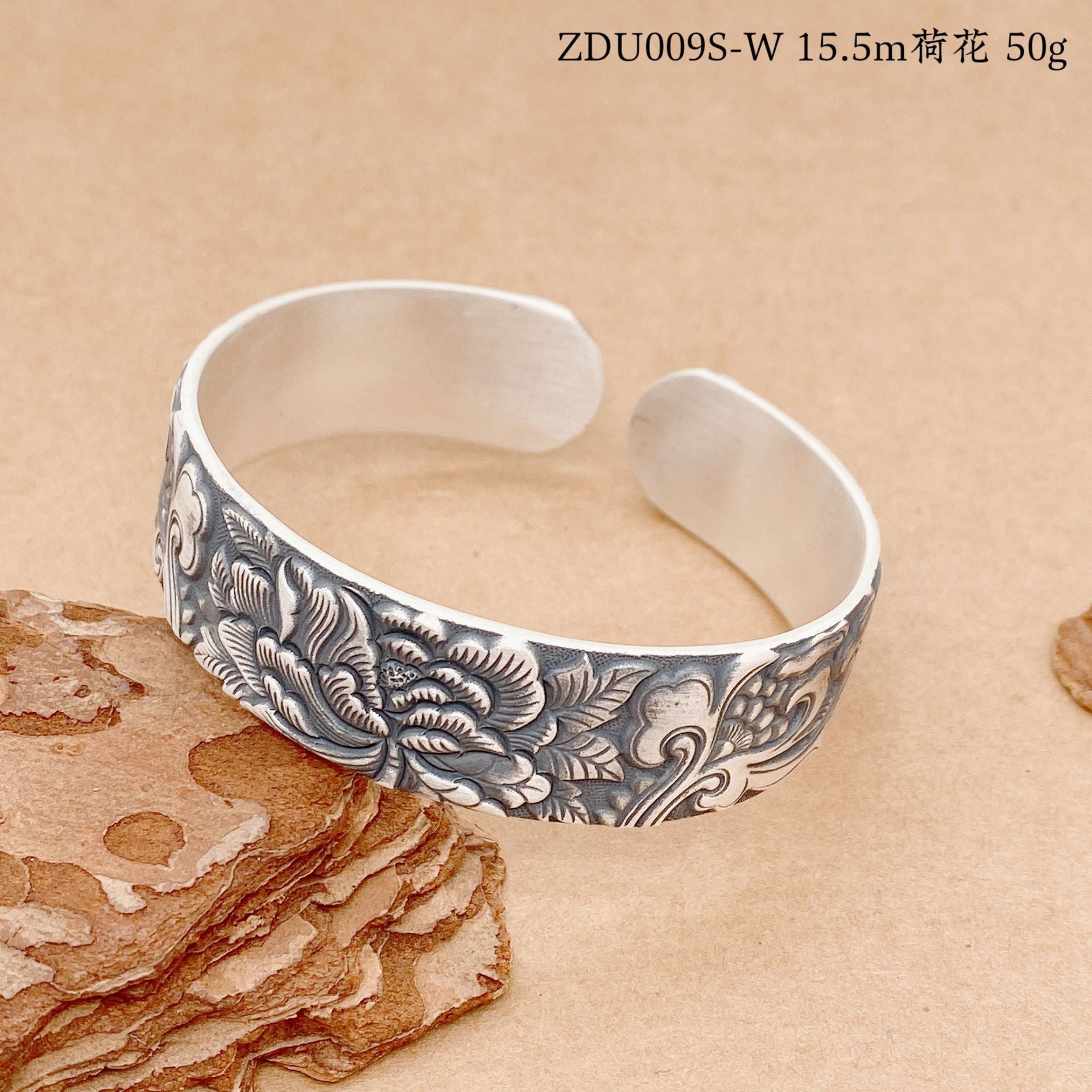 Vintage handmade floral plant bracelet lotus peony wide bracelet for women - jewelry - weilin.com