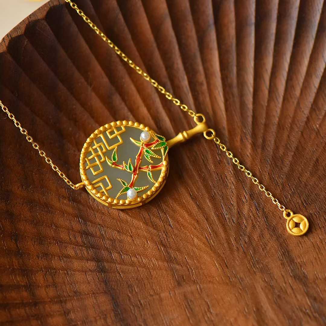 Vintage - Style Silver Inlaid Hetian Nephrite "Ancient - Style Round Fan with Bamboo Bringing Peace" Pendant - jewelry - weilin.com