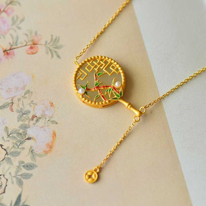Vintage - Style Silver Inlaid Hetian Nephrite "Ancient - Style Round Fan with Bamboo Bringing Peace" Pendant - jewelry - weilin.com