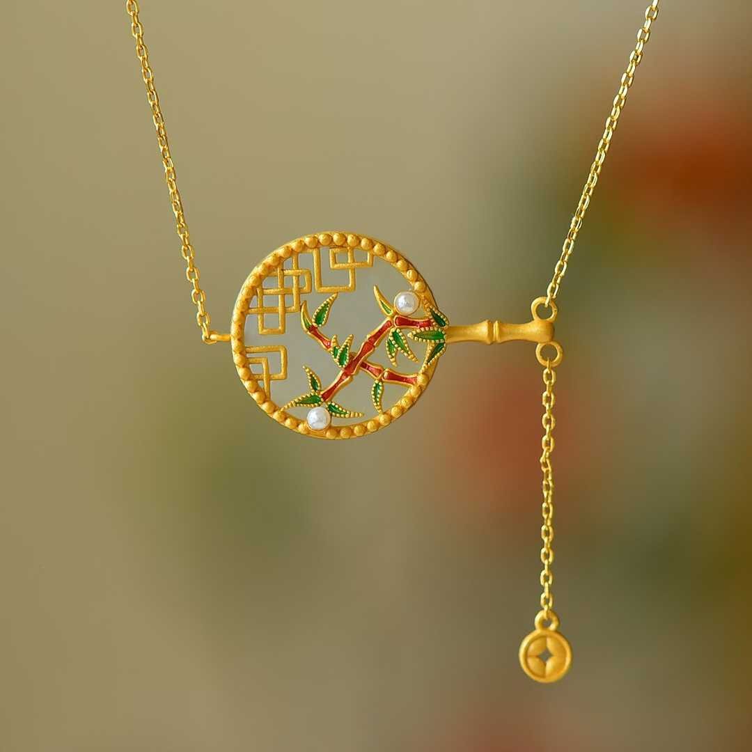 Vintage - Style Silver Inlaid Hetian Nephrite "Ancient - Style Round Fan with Bamboo Bringing Peace" Pendant - jewelry - weilin.com