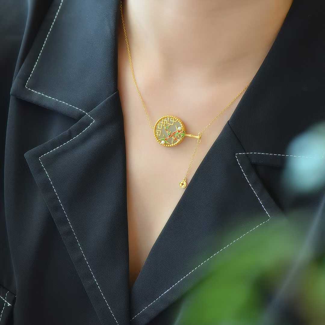 Vintage - Style Silver Inlaid Hetian Nephrite "Ancient - Style Round Fan with Bamboo Bringing Peace" Pendant - jewelry - weilin.com