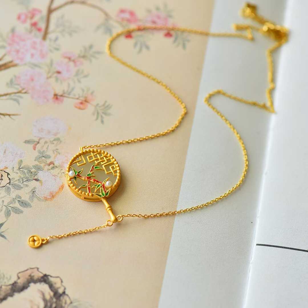 Vintage - Style Silver Inlaid Hetian Nephrite "Ancient - Style Round Fan with Bamboo Bringing Peace" Pendant - jewelry - weilin.com