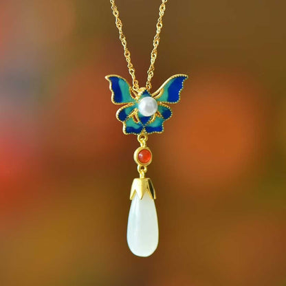 Vintage - Style Silver Inlaid Hetian Nephrite "Butterfly Dancing Gracefully" Jewelry Set - jewelry - weilin.com