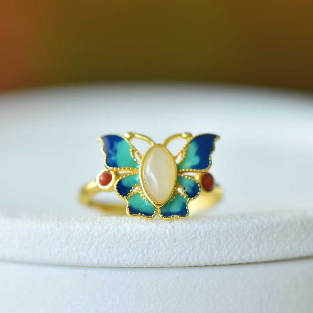 Vintage - Style Silver Inlaid Hetian Nephrite "Butterfly Dancing Gracefully" Jewelry Set - jewelry - weilin.com