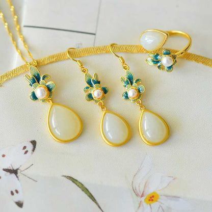 Vintage - Style Silver Inlaid Hetian Nephrite "Lush Orchid" Teardrop Jewelry Set - jewelry - weilin.com