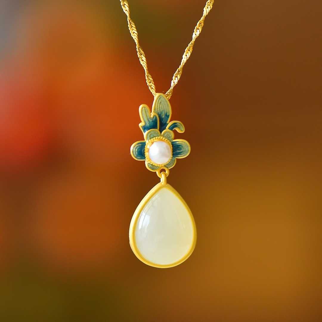 Vintage - Style Silver Inlaid Hetian Nephrite "Lush Orchid" Teardrop Jewelry Set - jewelry - weilin.com