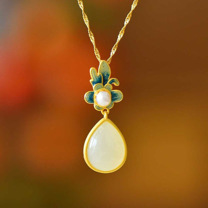 Vintage - Style Silver Inlaid Hetian Nephrite "Lush Orchid" Teardrop Jewelry Set - jewelry - weilin.com