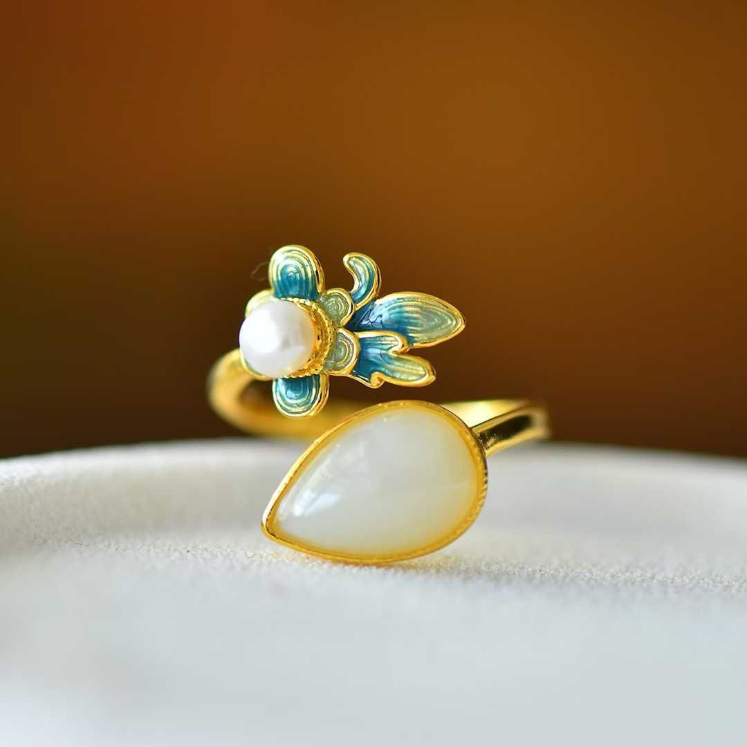 Vintage - Style Silver Inlaid Hetian Nephrite "Lush Orchid" Teardrop Jewelry Set - jewelry - weilin.com