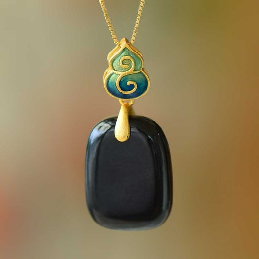 Vintage - Style Silver Inlaid Nephrite Black Jade Ping'an Plaque Pendant - jewelry - weilin.com