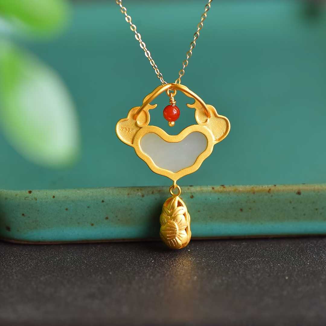 Vintage - Style Silver Inlaid Nephrite "Ruyi" and "Yingluo" Pendant - jewelry - weilin.com