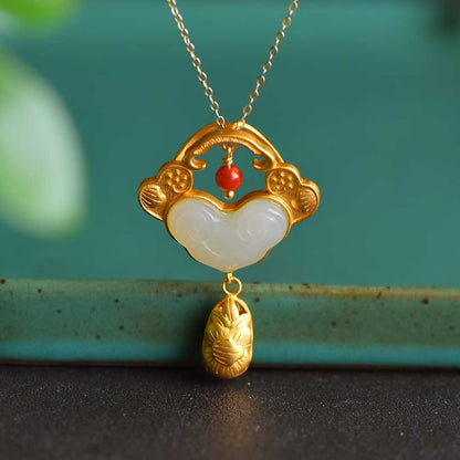 Vintage - Style Silver Inlaid Nephrite "Ruyi" and "Yingluo" Pendant - jewelry - weilin.com