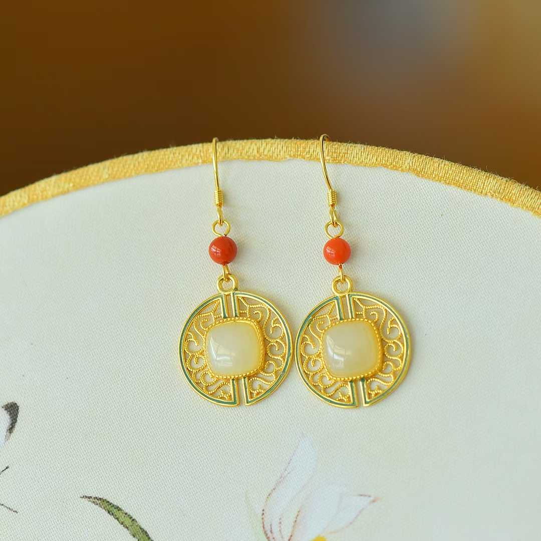 Vintage - Style Silver Inlaid Nephrite "Wanshou Vine" Earrings - jewelry - weilin.com