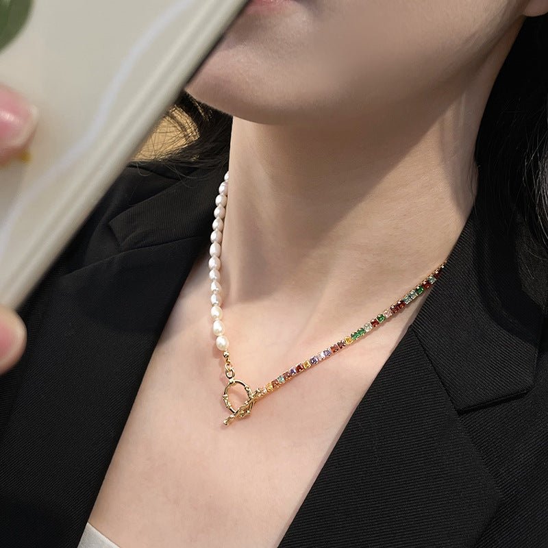 Women's fashionable all - match ot buckle colorful zircon natural freshwater pearl necklace - jewelry - weilin.com