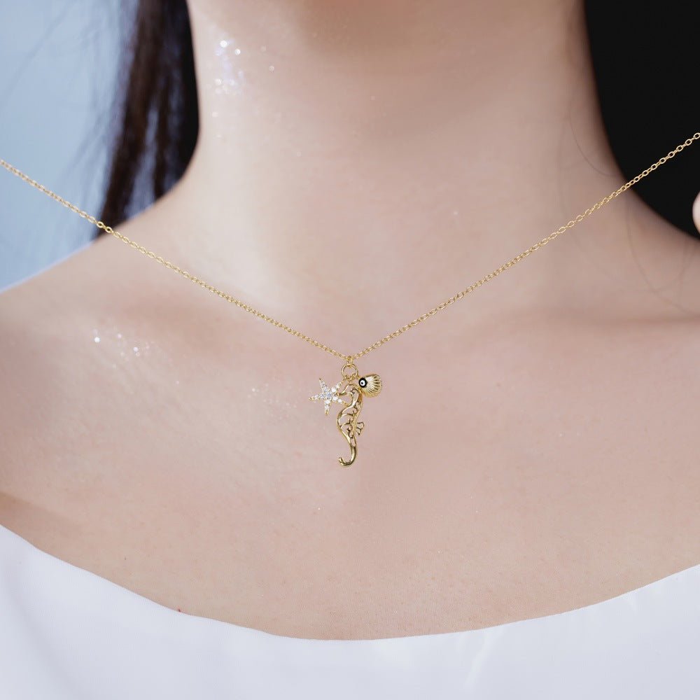 Women's simple high - end zircon star shell necklace - jewelry - weilin.com