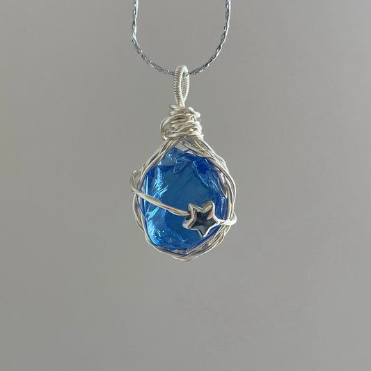 Wrapped blue protein crystal pendant necklace exquisite ornaments - jewelry - weilin.com
